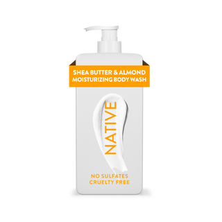 Native Shea Butter & Almond Body Wash bottle with white packaging and orange text