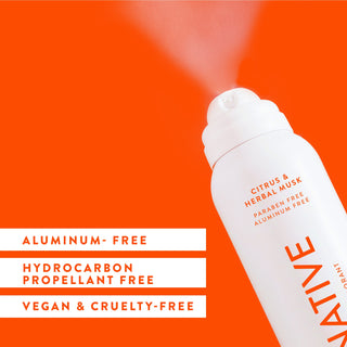 Native deodorant spray with text saying "Aluminum-free, hydrocarbon propellant free, vegan & cruelty-free"