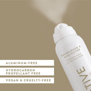 Native deodorant spray with text saying "Aluminum-free, hydrocarbon propellant free, vegan & cruelty-free"