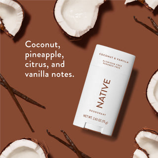 Native deodorant with text saying "Coconut, pineapple, citrus, and vanilla notes", styled with coconuts and vanilla pods