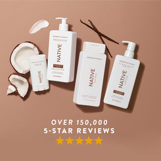 Native deodorant, lotion, body wash, and shampoo in Coconut & Vanilla scent shown with five-star rating
