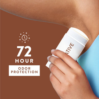 Person applying Native deodorant under arm with text reading 72-hour odor protection