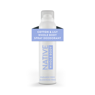 Front view of Native Cotton & Lily Whole Body Deodorant Spray canister, labeled aluminum-free and paraben-free