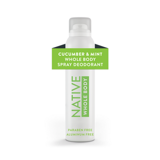 Front view of Native Cucumber & Mint Whole Body Deodorant Spray canister, labeled aluminum-free and paraben-free