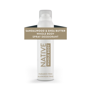 Front view of Native Sandalwood & Shea Butter Whole Body Deodorant Spray canister, labeled aluminum-free and paraben-free