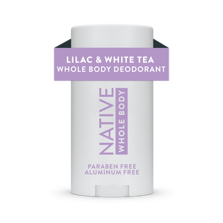 Front view of Native Lilac & White Tea Whole Body Deodorant Stick, labeled aluminum-free and paraben-free