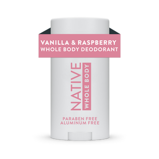 Front view of Native Vanilla & Raspberry Whole Body Deodorant Stick, labeled aluminum-free and paraben-free