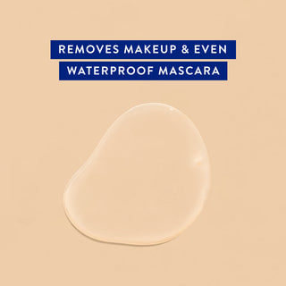 Clear gel with text above reading "Removes Makeup & Even Waterproof Mascara" on a beige background