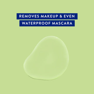 Clear gel with text above reading 'Removes Makeup & Even Waterproof Mascara' on a green background