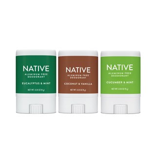 Arrangement of three native Deodorant Stick 0.35 oz travel version, in Eucalyptus & Mint, Coconut & Vanilla, and Cucumber & Mint versions