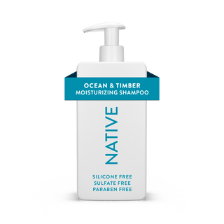 Native Ocean & Timber Moisturizing Shampoo bottle with text reading “Silicone Free, Sulfate Free, Paraben Free”