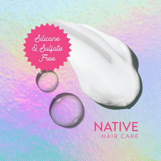 Drops of water and shampoo with text reading “Silicone & Sulfate Free”