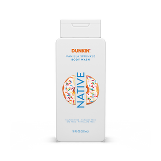Native Dunkin - Vanilla Sprinkle Body Wash bottle with white packaging and blue text
