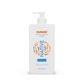Front of Native Dunkin - Vanilla Sprinkle Moisturizing Lotion bottle