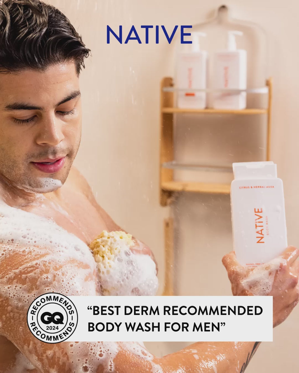 Men lathering in shower with text reading best derm recommended body wash for men 