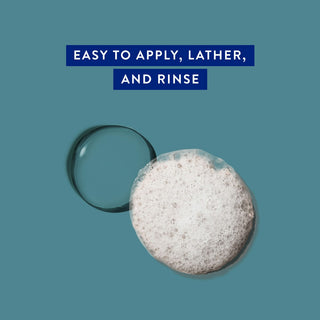 Drops of water and shampoo with text reading “Easy to apply, lather, and rinse”
