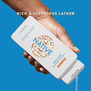 Hand pouring Native Dunkin - Vanilla Sprinkle Body Wash with Rich & Luxurious Lather text