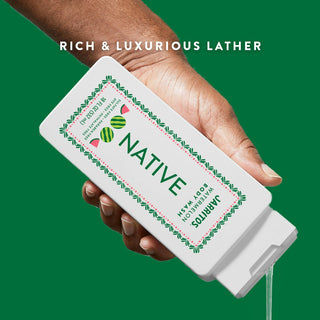 Hand pouring Native Jarritos - Watermelon Body Wash with Rich & luxurious lather text