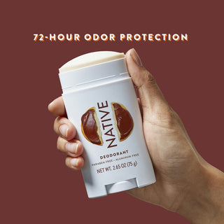 Hand holding Native deodorant with text reading 72-hour odor protection