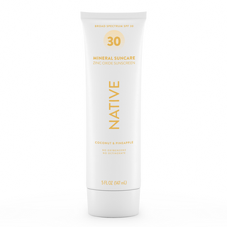 Front of Native Mineral Suncare Daily Body Sunscreen SPF 30, labeled as zinc oxide sunscreen, Coconut & Pineapple, 5 fl oz