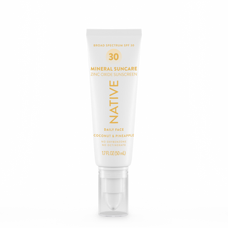 Front of Native Mineral Suncare Daily Face Sunscreen SPF 30, labeled as zinc oxide sunscreen, Coconut & Pineapple , 1.7 fl oz