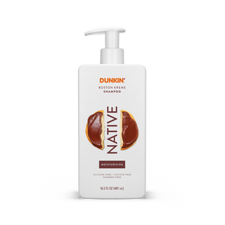 Native Dunkin - Boston Kreme Moisturizing Shampoo bottle with text reading “Silicone Free, Sulfate Free, Paraben Free”
